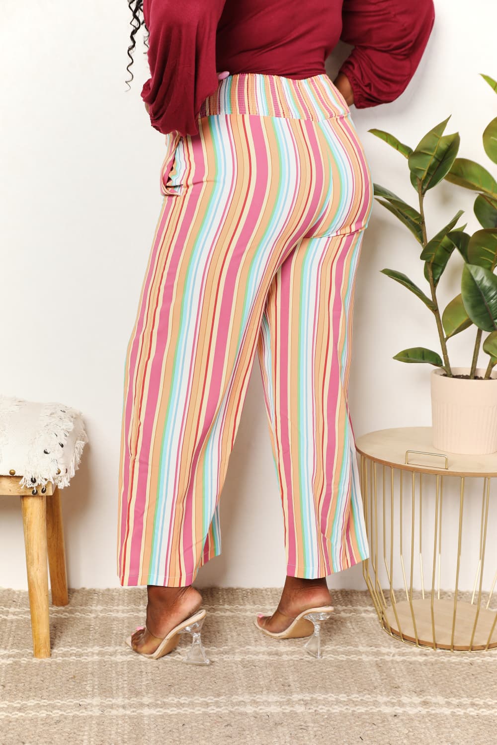 Double Take Keep Smiling Striped Smocked Waist Pants with Pockets