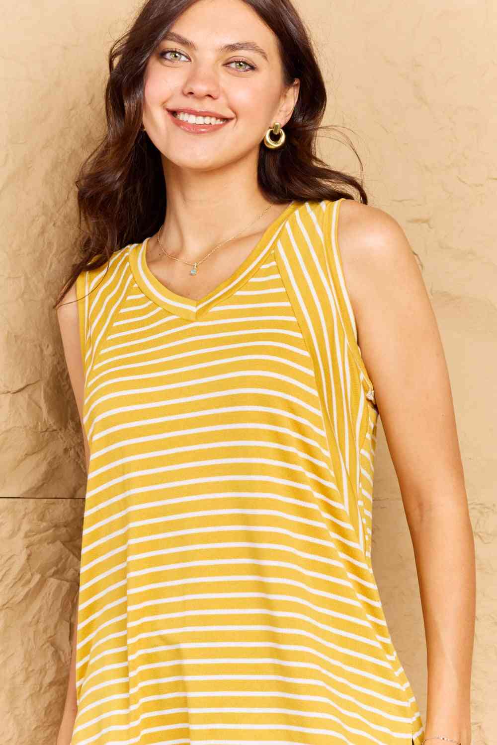 Doublju Talk To Me Striped Sleeveless V-Neck Top in Yellow Gold