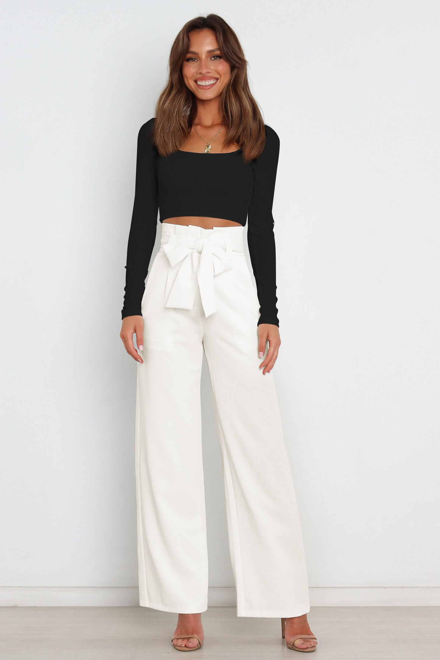 Office Chic Tie Front Wide Paperbag Waist Leg Pants