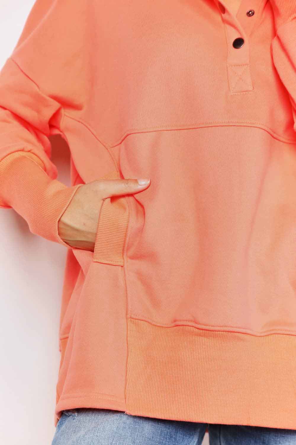 Double Take Tangerine Skies Quarter-Snap Dropped Shoulder Hoodie