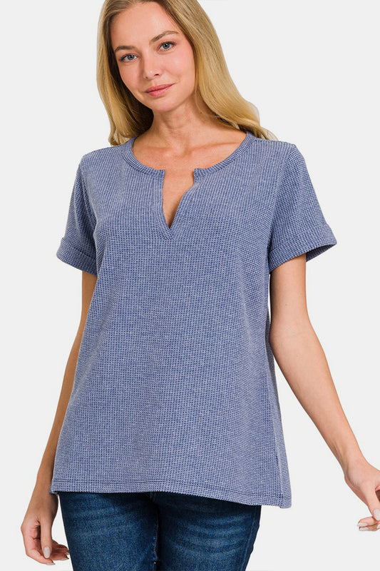 Zenana Spring It On Notched Neck Short Sleeve Waffle T-Shirt