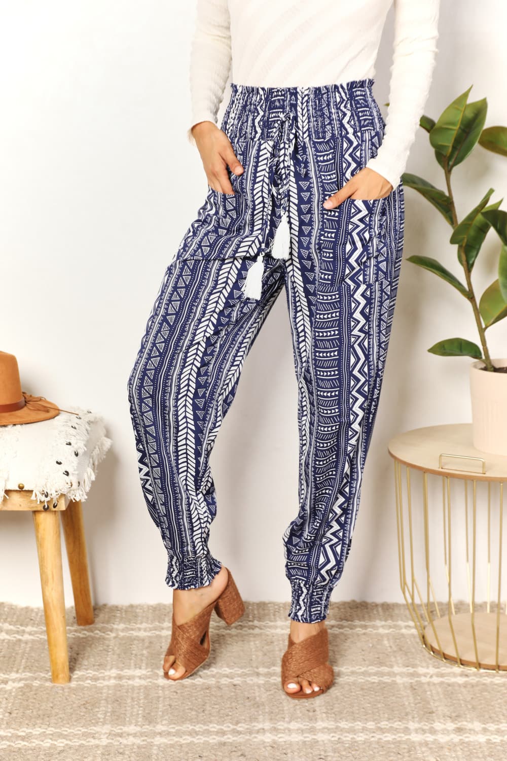 Double Take Dancing Away Geometric Print Tassel High-Rise Pants