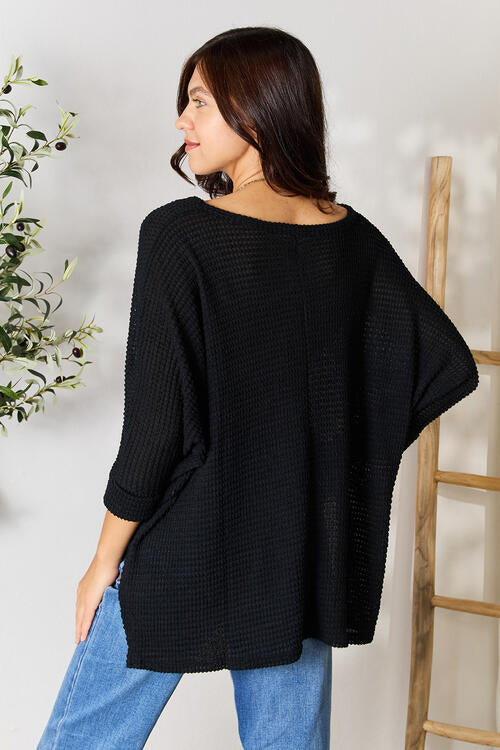 Zenana Turn The Heat Up High-Low Slit Knit Top in Black