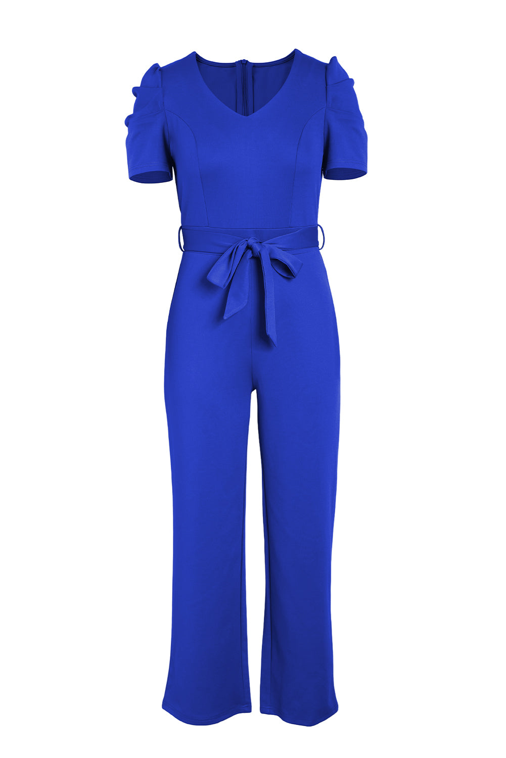 Wife Mom Boss Belted Puff Sleeve V-Neck Jumpsuit in Royal Blue