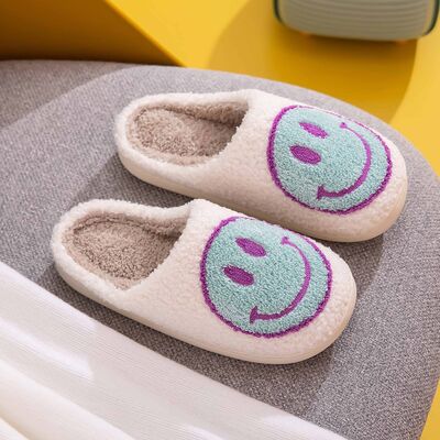 Melody A Perfect Day Smiley Face Cozy Slippers in White/Sky Blue