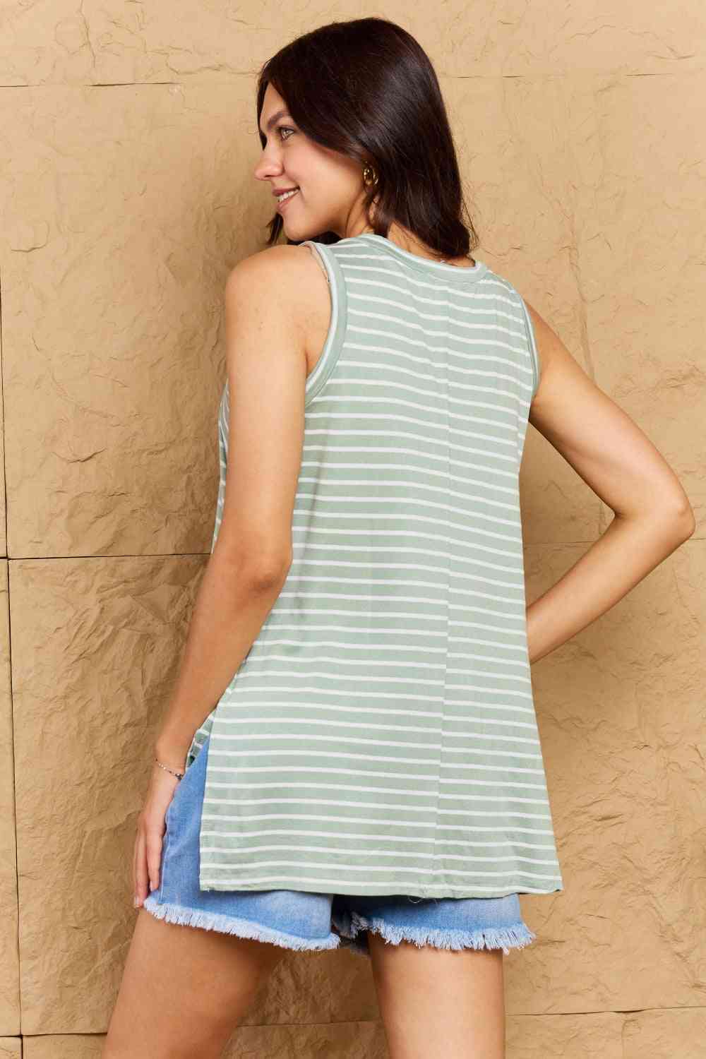 Doublju Talk To Me Striped Sleeveless V-Neck Top in Green