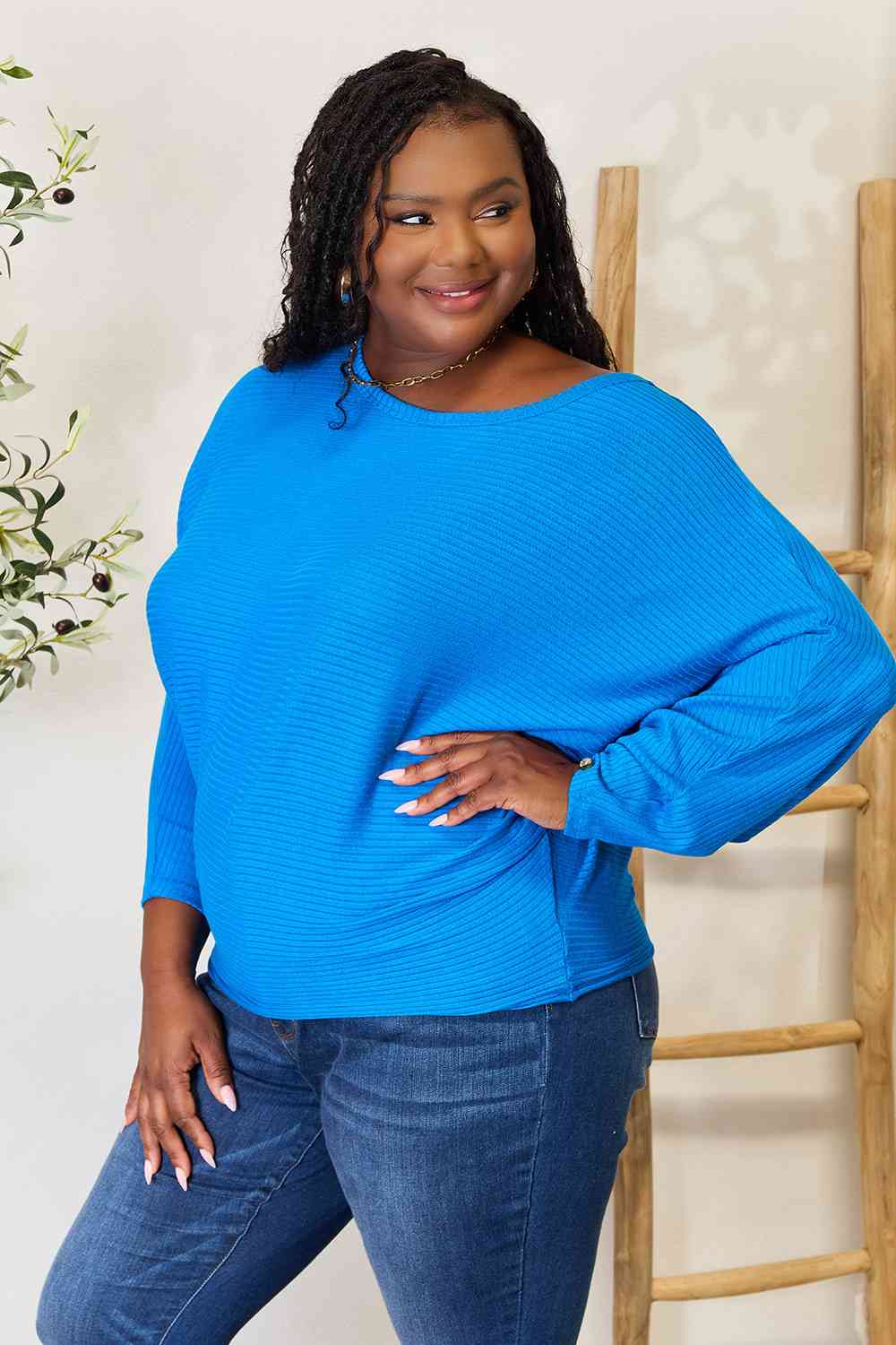 Zenana Fall Vibin' Batwing Sleeve Blouse in Cobalt Blue