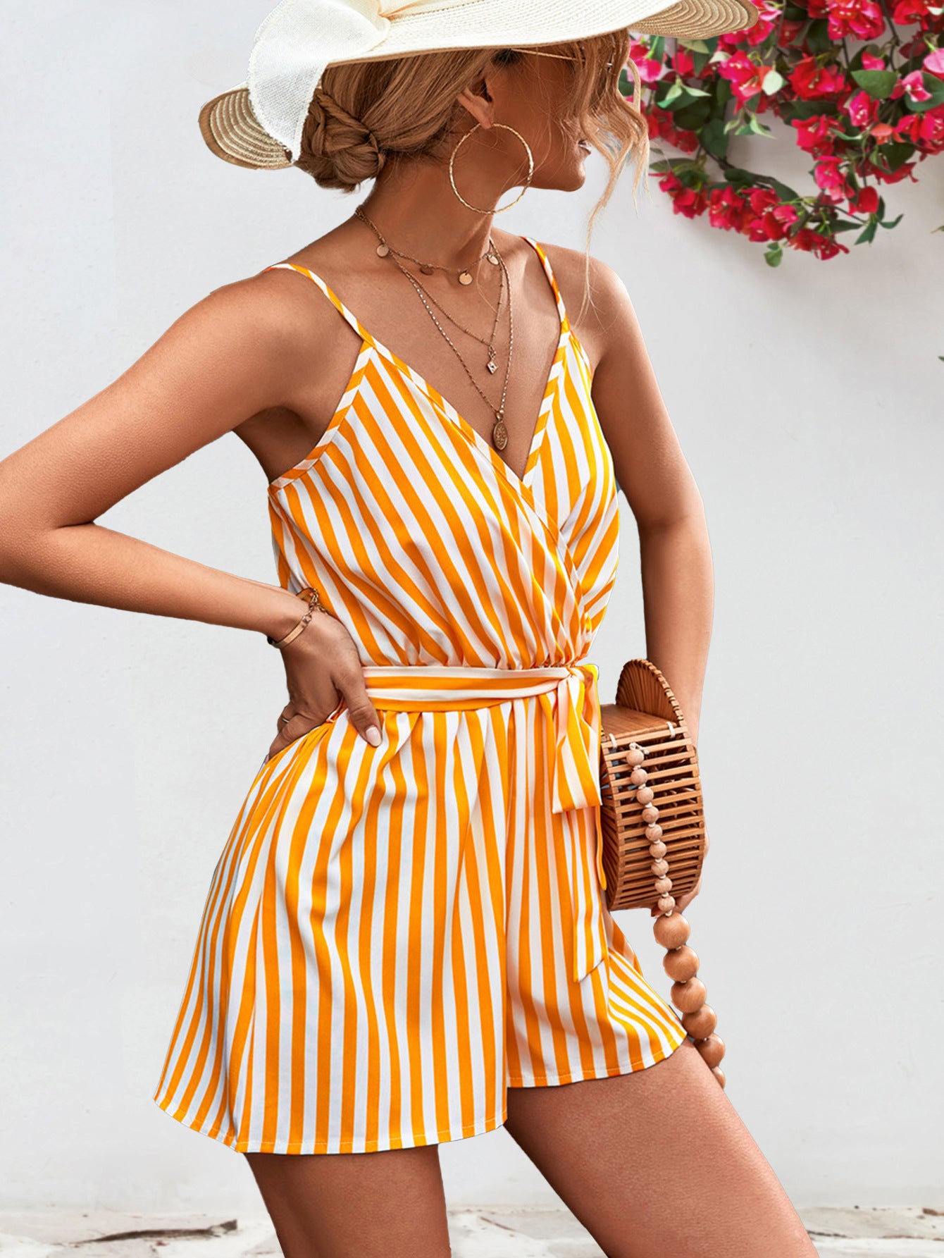 Waves of Color Striped Tie Waist Spaghetti Strap Romper