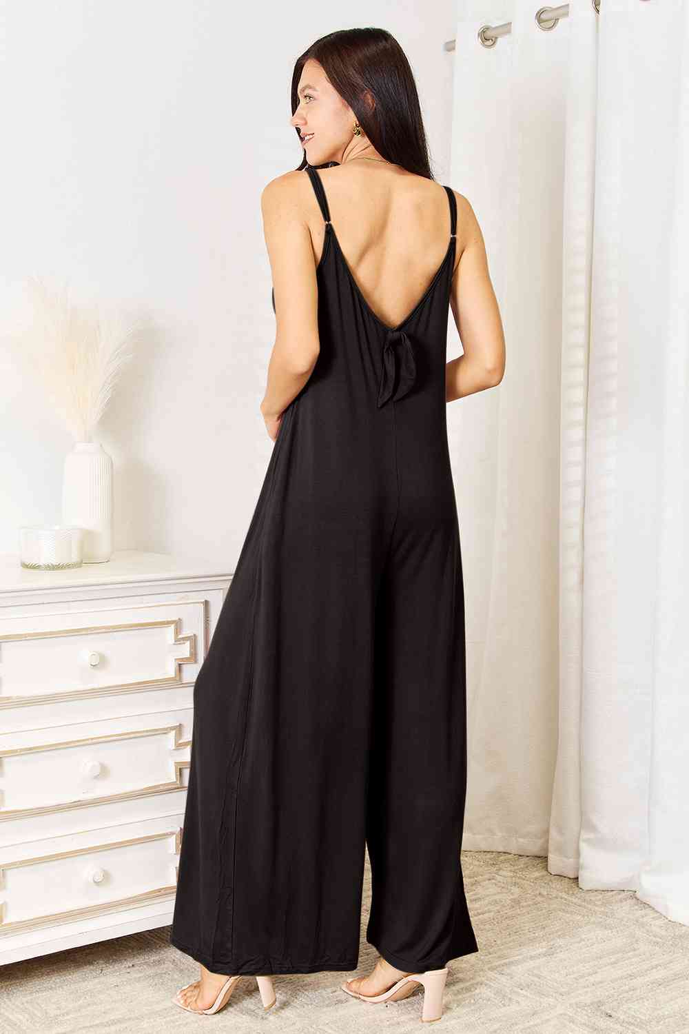 Double Take All Night Soft Rayon Spaghetti Strap Tied Wide Leg Jumpsuit with Pockets