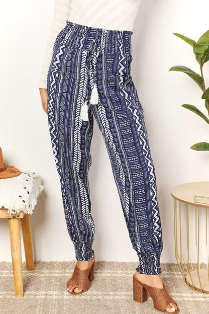 Double Take Dancing Away Geometric Print Tassel High-Rise Pants