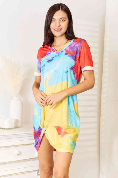 Double Take Free Spirit Tie-Dye V-Neck Twisted Dress