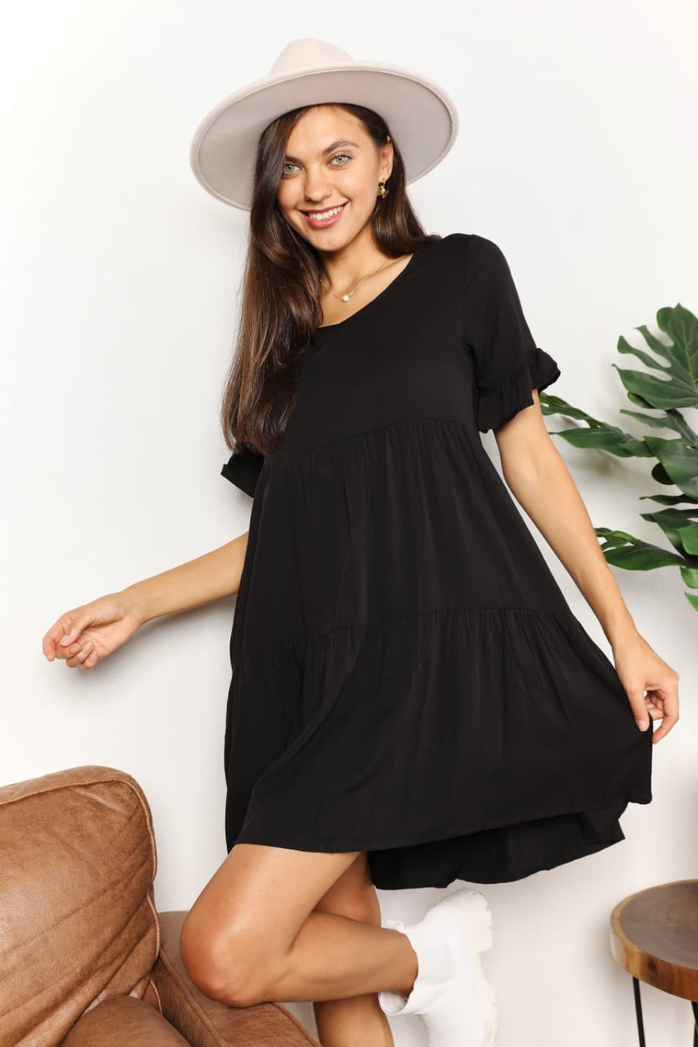 Double Take Love Language V-Neck Flounce Sleeve Tiered Dress