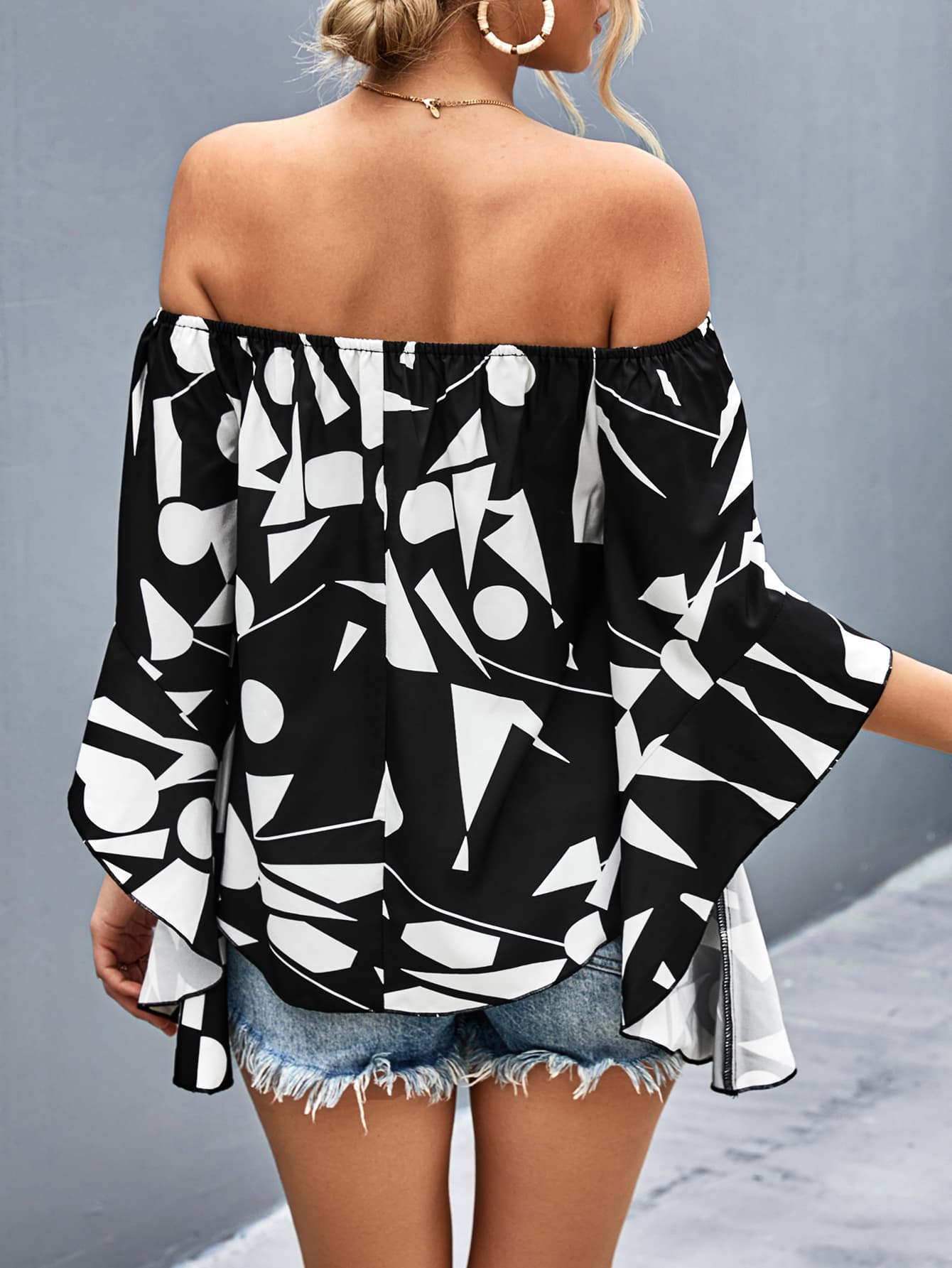 Take Me Dancing Printed Off-Shoulder Bell Sleeve Blouse