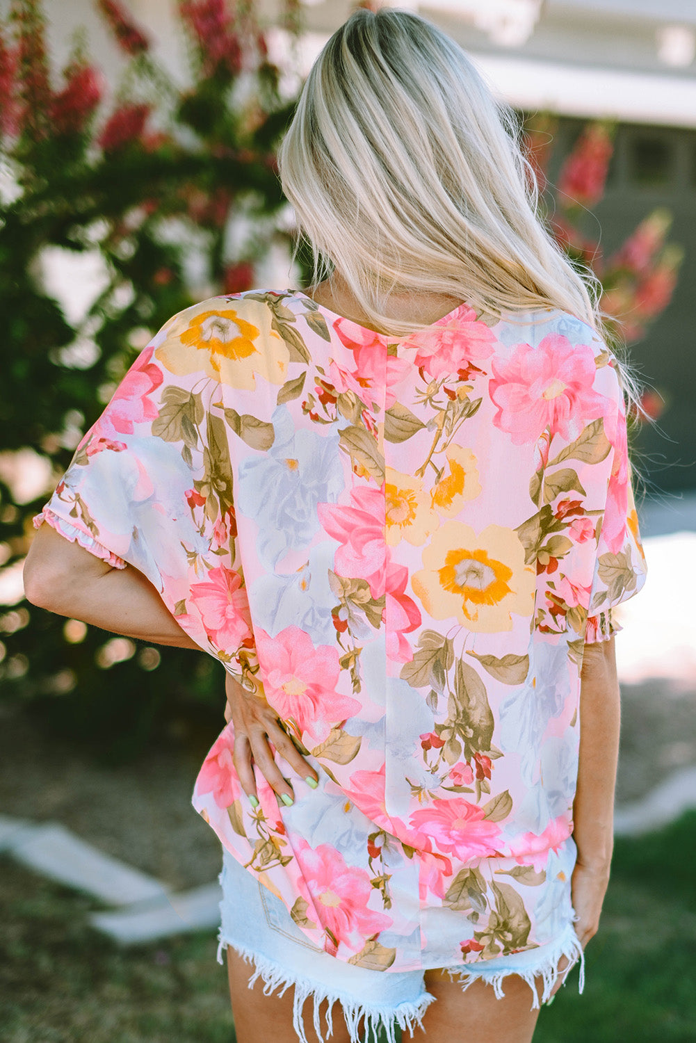 Pink Sunrise Floral Round Neck Three-Quarter Sleeve Top