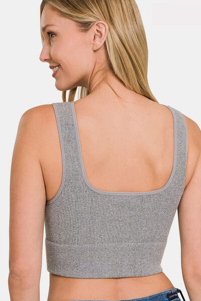 Zenana In Your Dreams Ribbed Square Neck Cropped Tank in Heather Grey