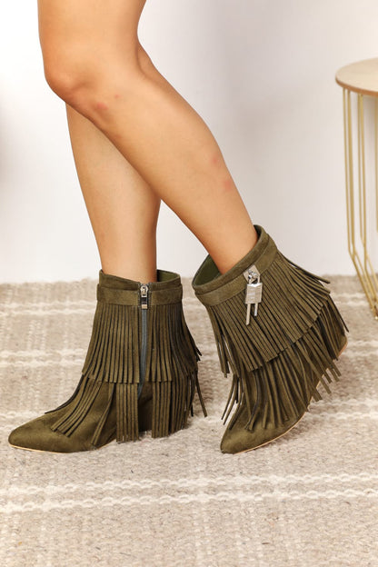 Legend Tassel Wedge Heel Ankle Booties in Olive