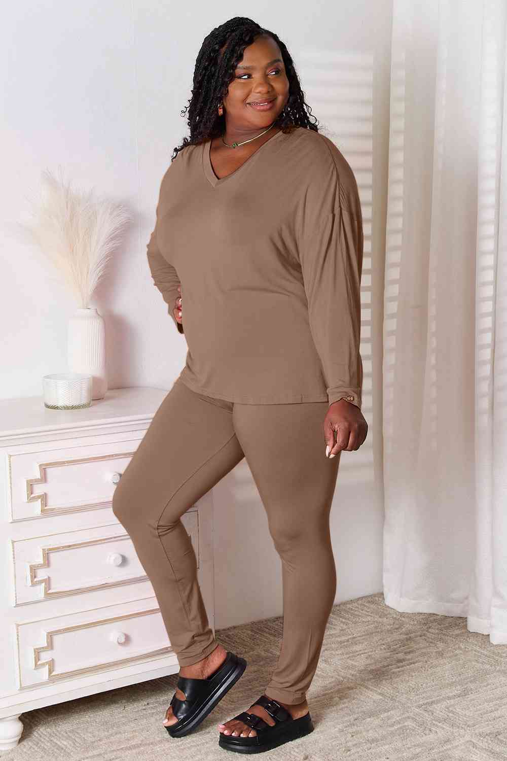 Basic Bae Ready To Unwind V-Neck Soft Rayon Long Sleeve Top and Pants Lounge Set