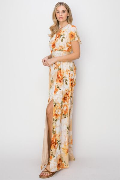 HYFVE Bring On The Night Floral Tie Back Short Sleeve Slit Maxi Dress