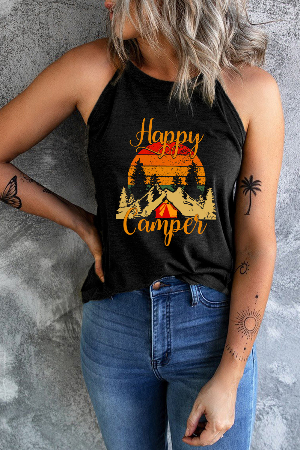 Happy Camper Graphic Grecian Neck Tank Top