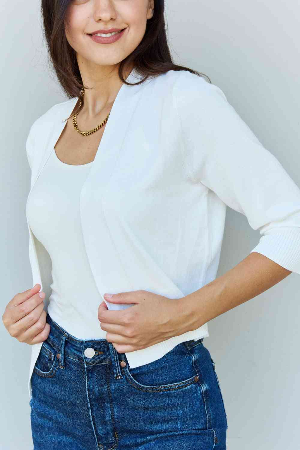 Doublju My Favorite 3/4 Sleeve Cropped Cardigan in Ivory