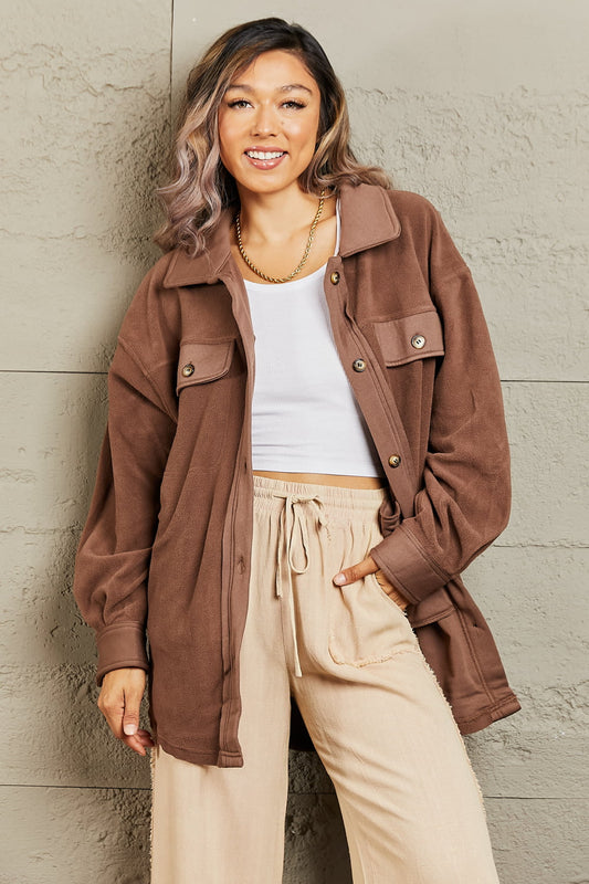 Heimish Cozy Girl Button Down Shacket in Coffee Brown