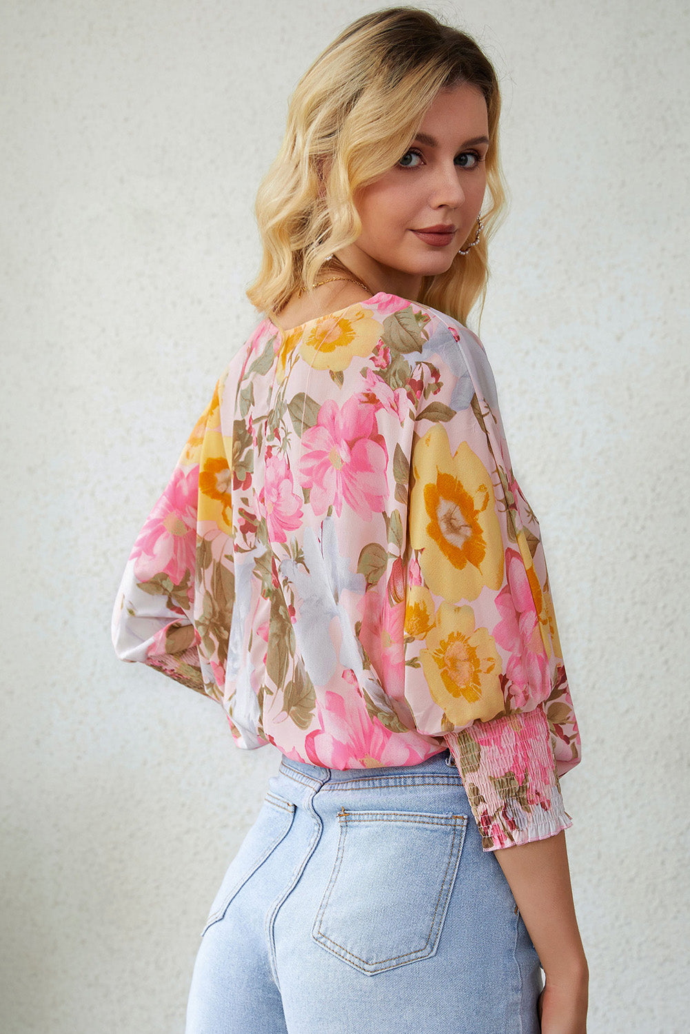 Pink Sunrise Floral Round Neck Three-Quarter Sleeve Top