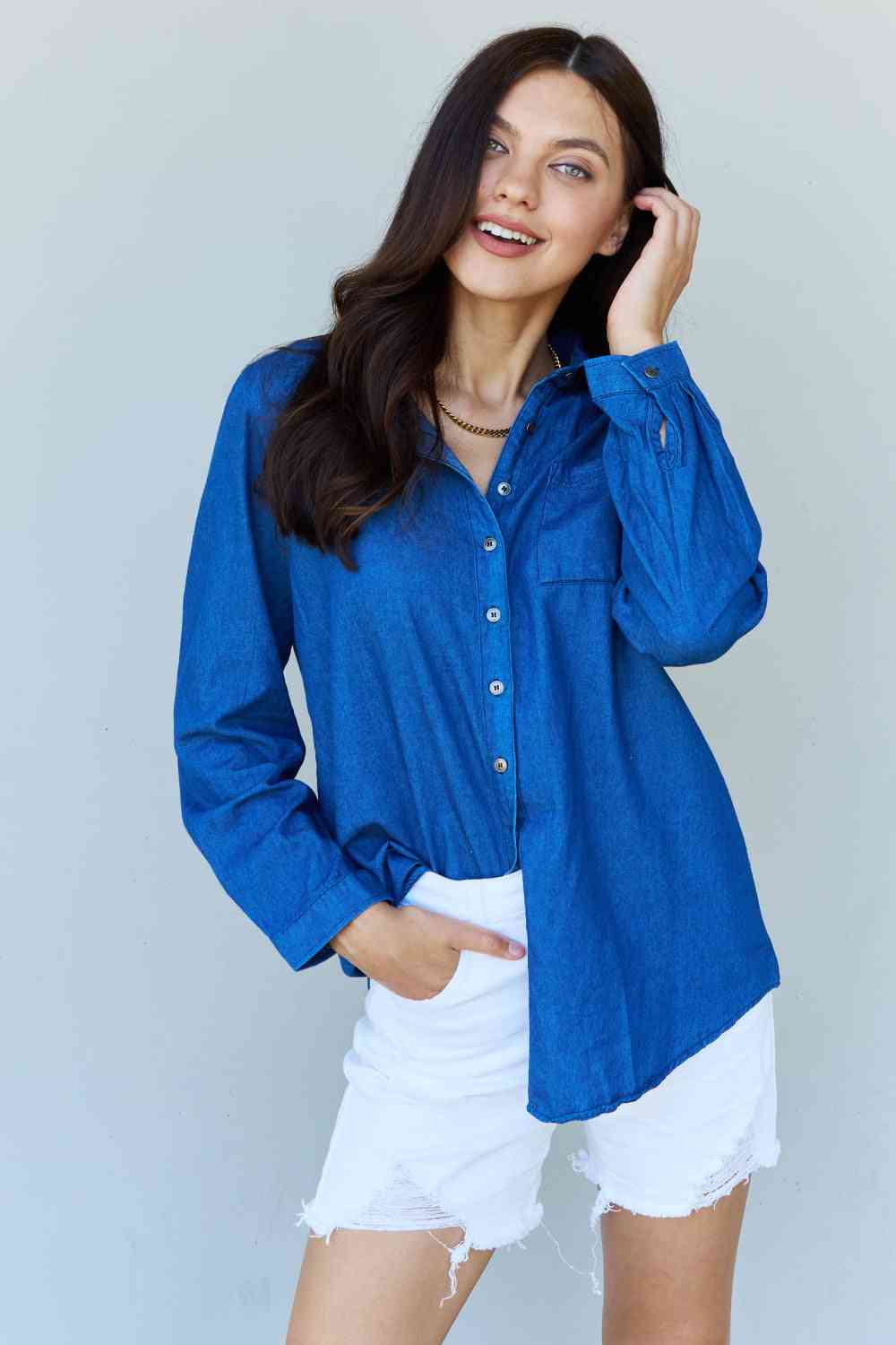 Doublju Blue Jean Baby Denim Button Down Shirt in Dark Blue