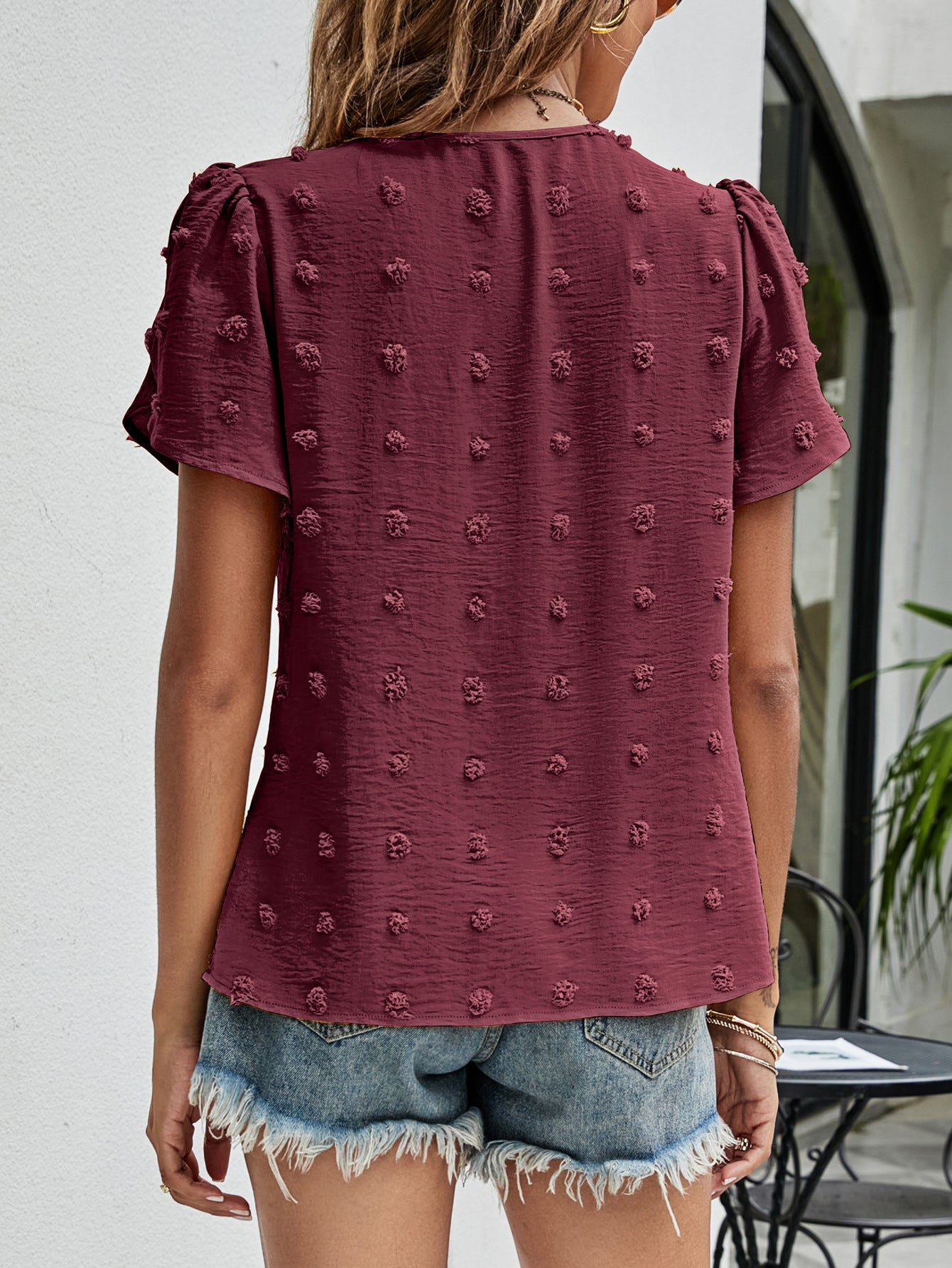 Wildly Bloom Swiss Dot Round Neck Petal Sleeve Top