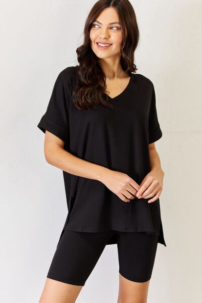 Zenana Hot Girl Vibes V-Neck Short Sleeve Slit T-Shirt and Shorts Set in Black