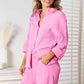 Double Take Think Pink Textured Shirt and Elastic Waist Shorts Set