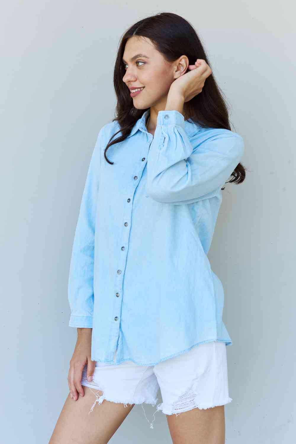 Doublju Blue Jean Baby Denim Button Down Shirt in Light Blue