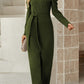 Wife Mom Boss Belted Long Puff Sleeve V-Neck Jumpsuit