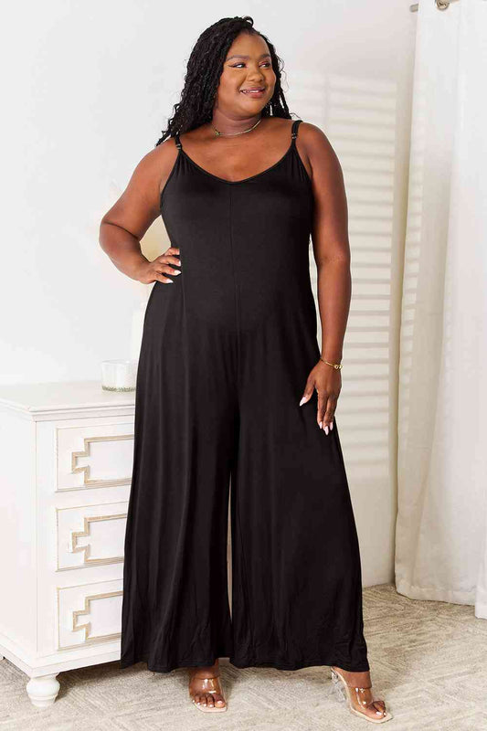 Double Take All Night Soft Rayon Spaghetti Strap Tied Wide Leg Jumpsuit with Pockets