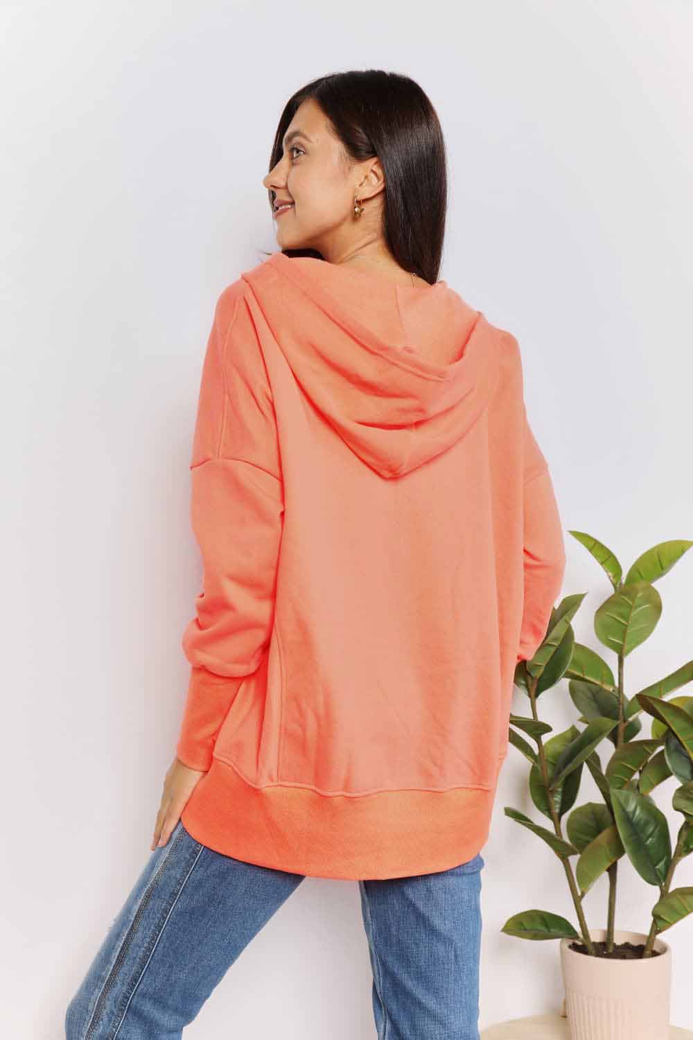 Double Take Tangerine Skies Quarter-Snap Dropped Shoulder Hoodie