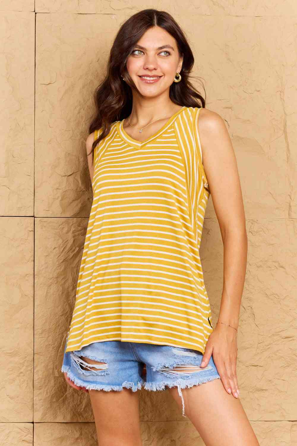 Doublju Talk To Me Striped Sleeveless V-Neck Top in Yellow Gold