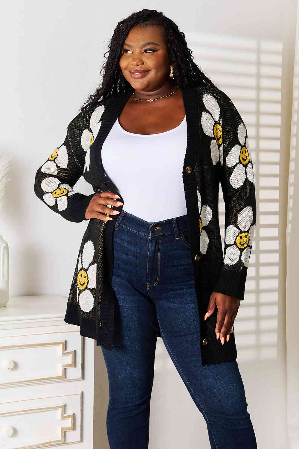 Double Take Sunshine Blossoms Floral Button Down Longline Cardigan