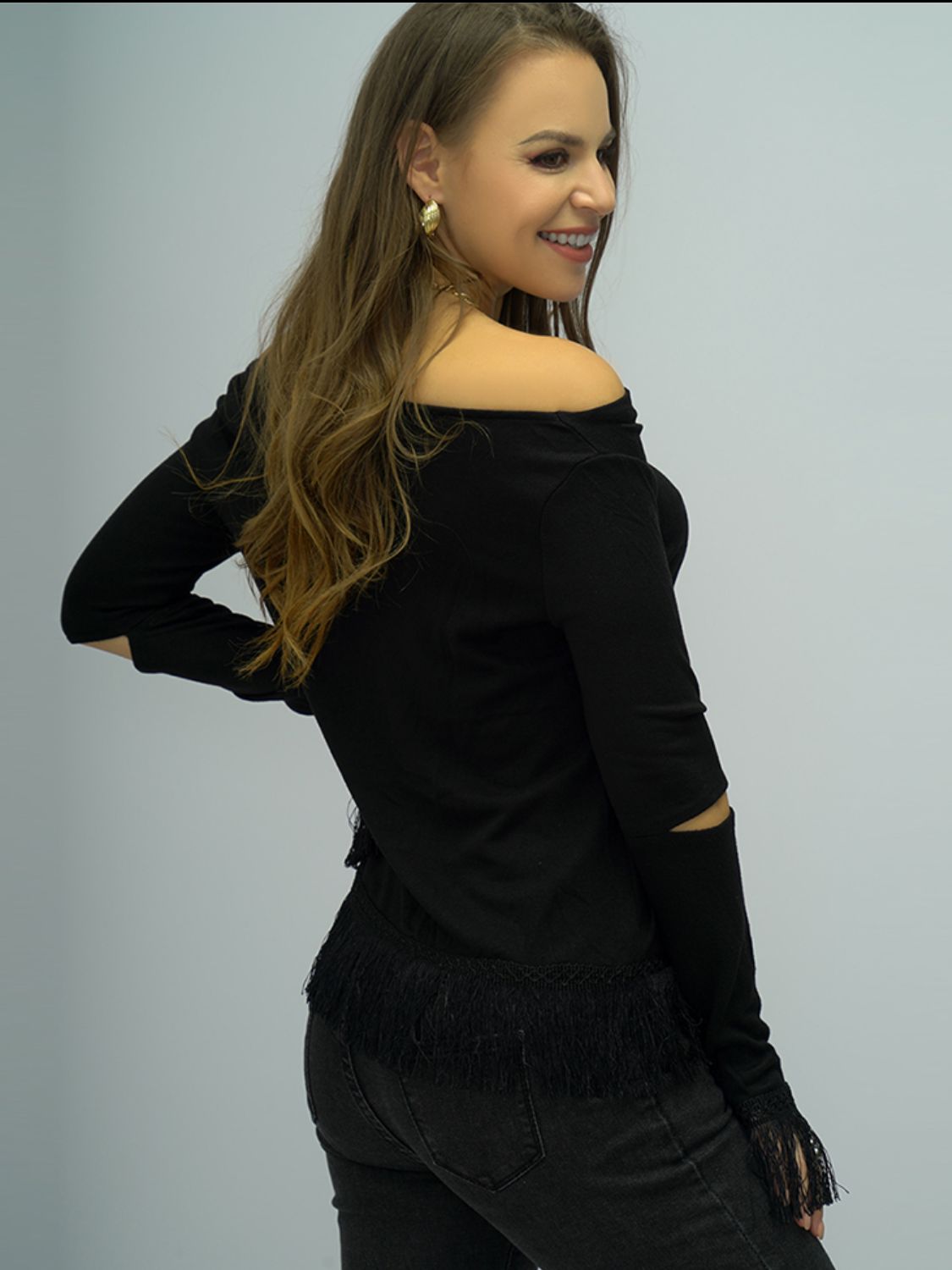 Splendid Style Off-Shoulder Cutout Fringe Hem Top