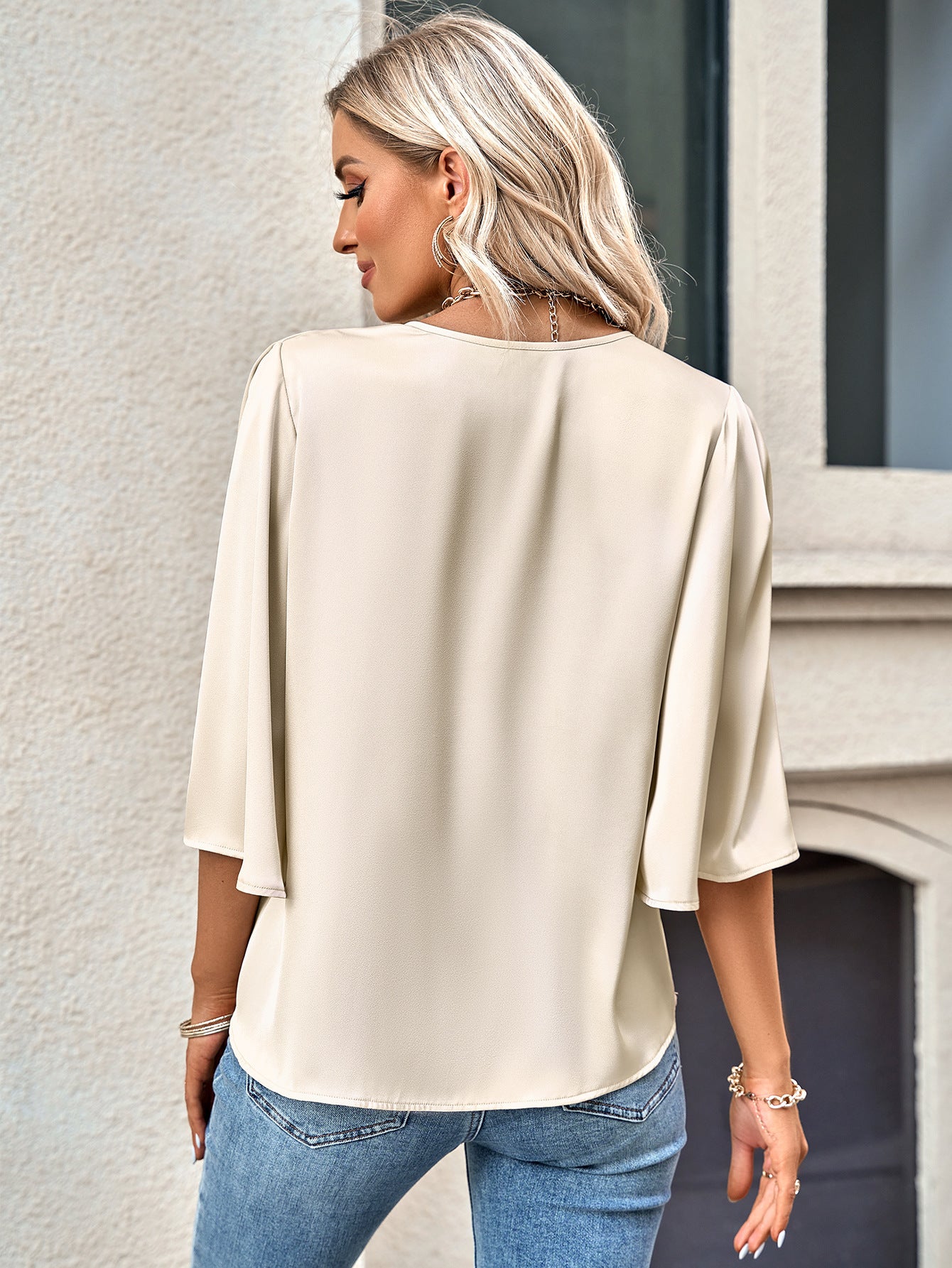 It's An Office Party Three-Quarter Flare Sleeve V-Neck Blouse