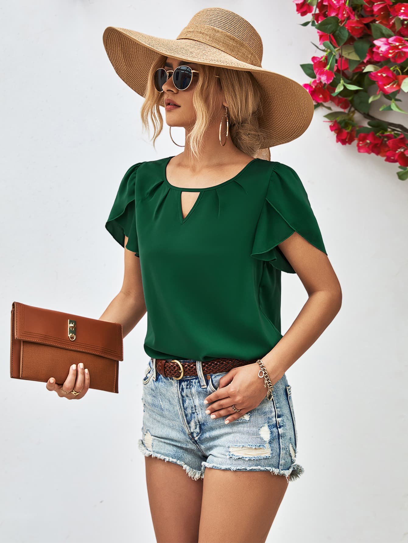 Meet Me Under The Shade Cutout Round Neck Petal Sleeve Blouse