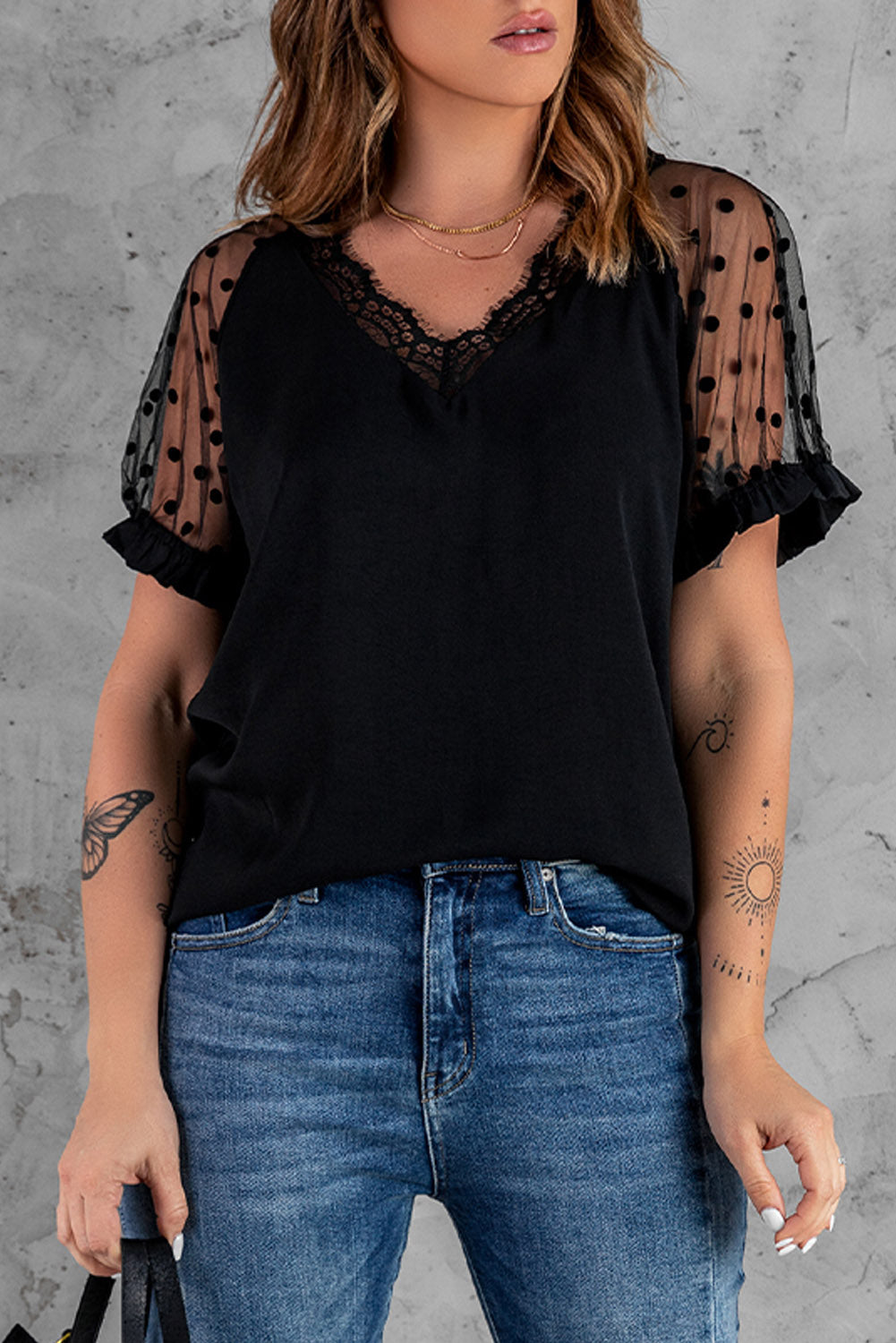 Polka Dot Lace Trim Detail Spliced Mesh Blouse