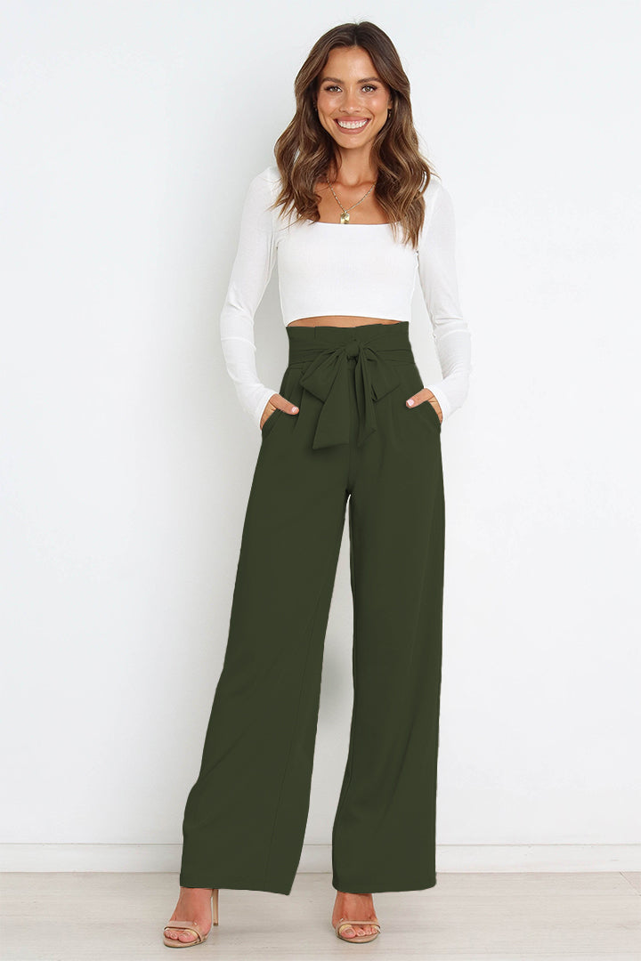 Office Chic Tie Front Wide Paperbag Waist Leg Pants