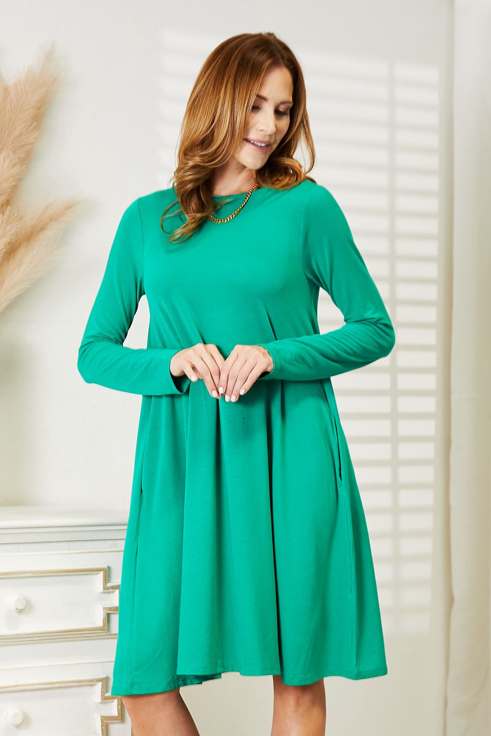 Zenana Teal-Quila Sunrise Long Sleeve Flare Dress with Pockets