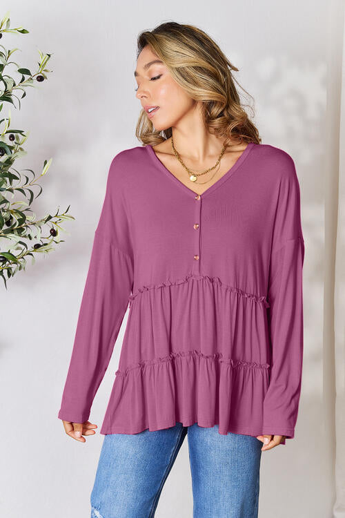 Double Take Cute and Powerful Half Button Long Sleeve Ruffle Hem Blouse