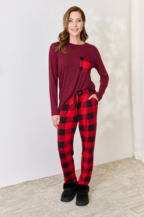 Zenana Whispering Stars Plaid Top and Pants Pajama Set