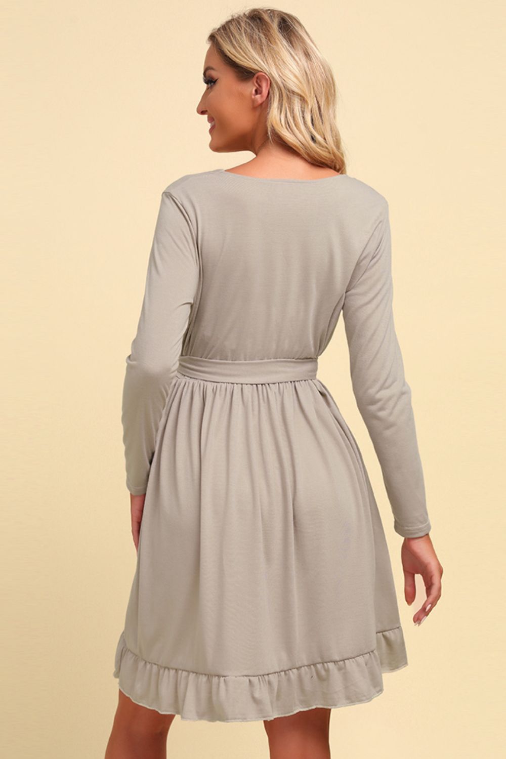 Warm Today, Cold Tomorrow Long Sleeve Tie Waist Ruffle Hem Dress