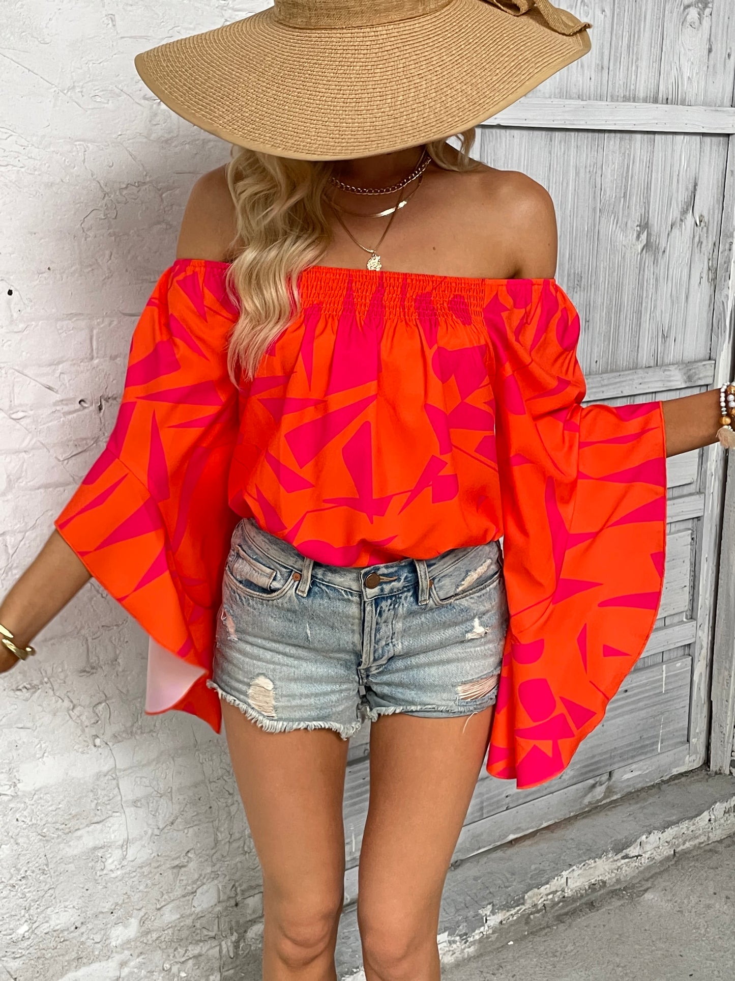 Take Me Dancing Printed Off-Shoulder Bell Sleeve Blouse