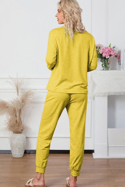 You + Me Round Neck Top and Drawstring Pants Lounge Set