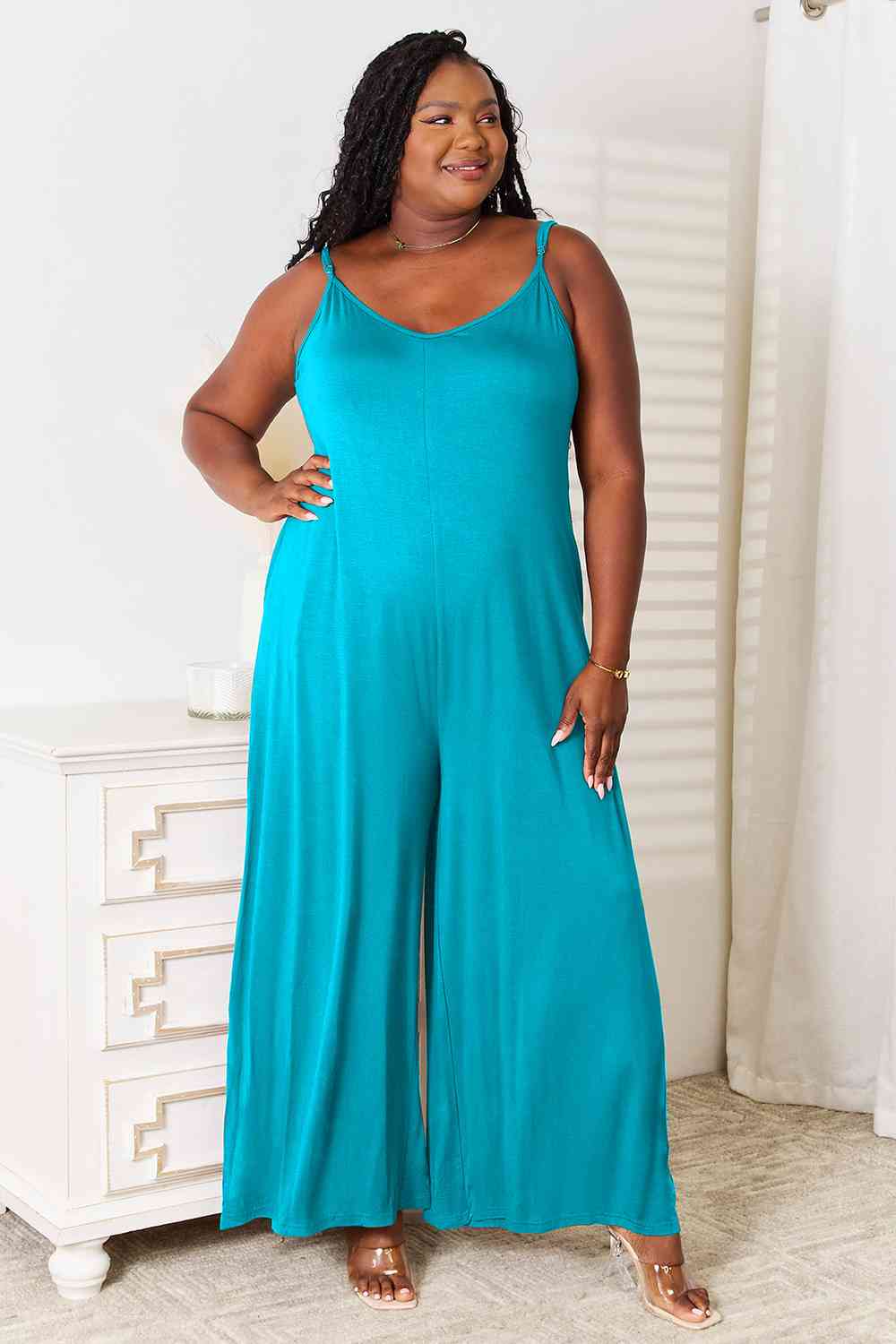 Double Take All Night Soft Rayon Spaghetti Strap Tied Wide Leg Jumpsuit with Pockets