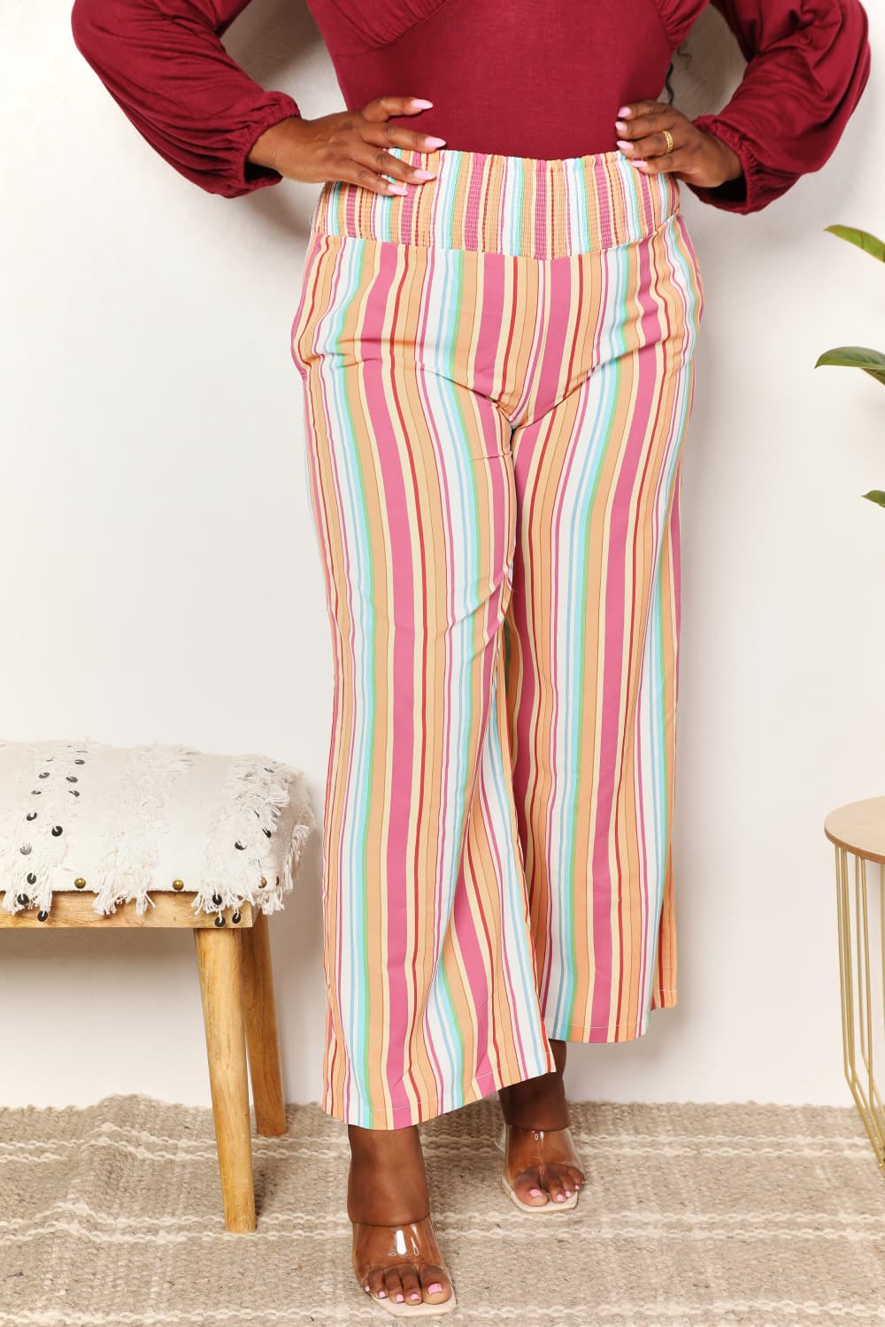 Double Take Keep Smiling Striped Smocked Waist Pants with Pockets