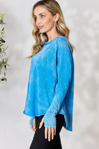 Zenana Smitten Long Sleeve Top with Thumbhole Sleeves in Ocean Blue